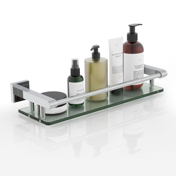 Bathroom Glass Shelf with Full-coverage Railing, Floating Tempered Glass Bathroom Wall Shelf Rectangle 16 Inch Shelves Chrome Polished Bracket Mount Modern