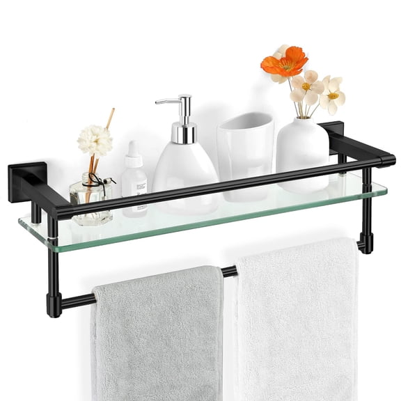 Bathroom Glass Shelf with Full-coverage Railing, Floating Tempered Glass Bathroom Wall Shelf Rectangle 20 Inch Over The Toilet Storage Cabinet, Towels, Gaming Floating Shelves, Bathroom Accessories