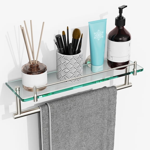 Bathroom Glass Shelf with Railing, Floating Tempered Glass Bathroom Wall Shelf Rectangle 16 Inch Over The Toilet Storage Cabinet, Gaming Floating Shelves, Bathroom Accessories and Home Decor