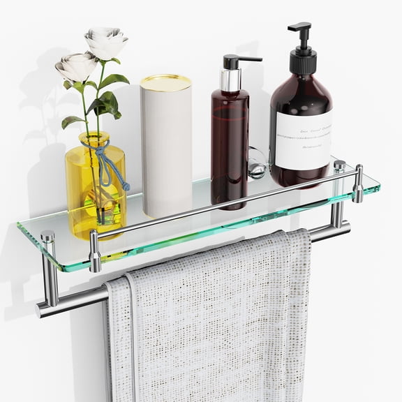 Bathroom Glass Shelf with Railing, Floating Tempered Glass Bathroom Wall Shelf Rectangle 16 Inch Over The Toilet Storage Cabinet, Gaming Floating Shelves, Bathroom Accessories and Home Decor