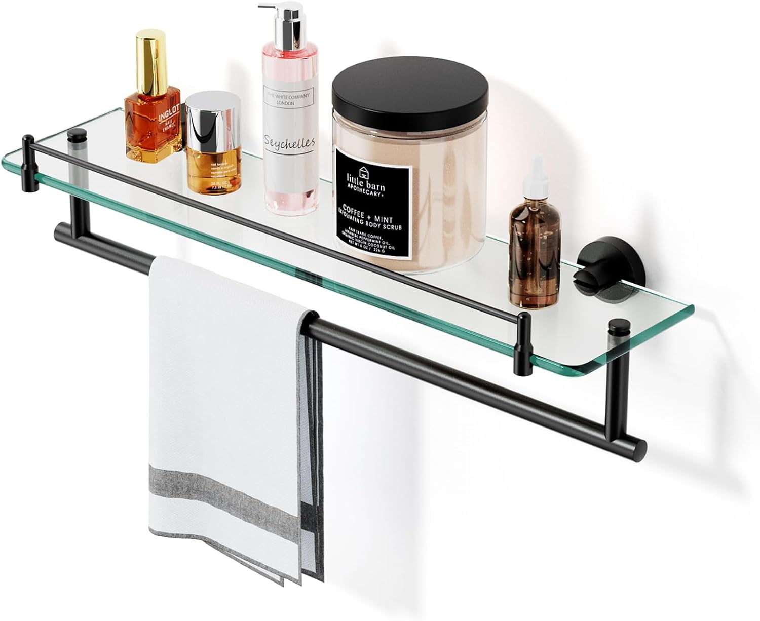 Bathroom Glass Shelf with Towel Bar,20-Inch Black Floating Glass ...