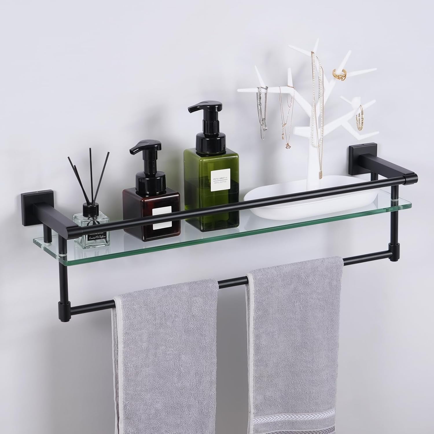 Bathroom Glass Shelf with Towel Bar/Rack 24 inches Wall-Mounted Shelves ...