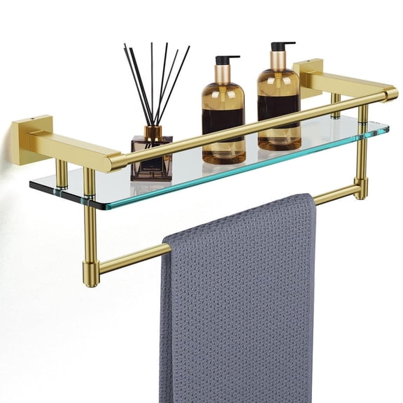Bathroom Glass Shelf with Towel Rack Organizer Wall-Mounted Bathroom Storage SUS304 Stainless Steel Track Wall-Mounted Tempered Glass Stainless Steel Shelf (Brushed Gold, 20-inch)