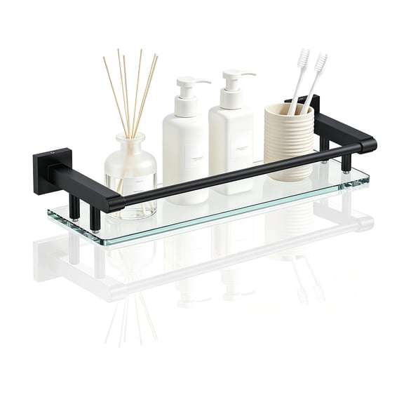 Bathroom Glass Shelf with Full-coverage Railing, Floating Tempered Glass Bathroom Wall Shelf Rectangle 16 Inch Shelves Black Bracket Mount Modern