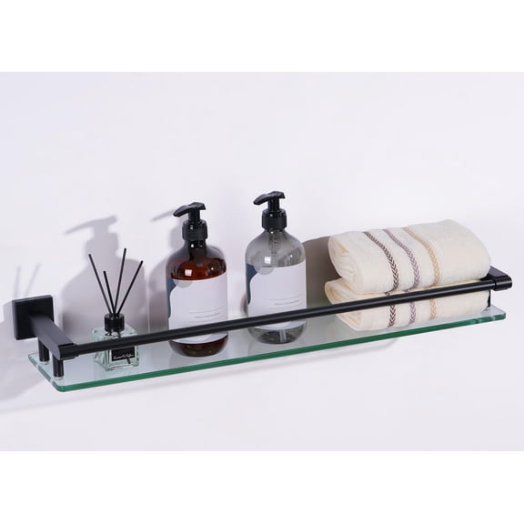 Bathroom Glass Shelf with Full-coverage Railing, Floating Tempered Glass Bathroom Wall Shelf Rectangle 24 Inch Shelves Black Bracket Mount Modern