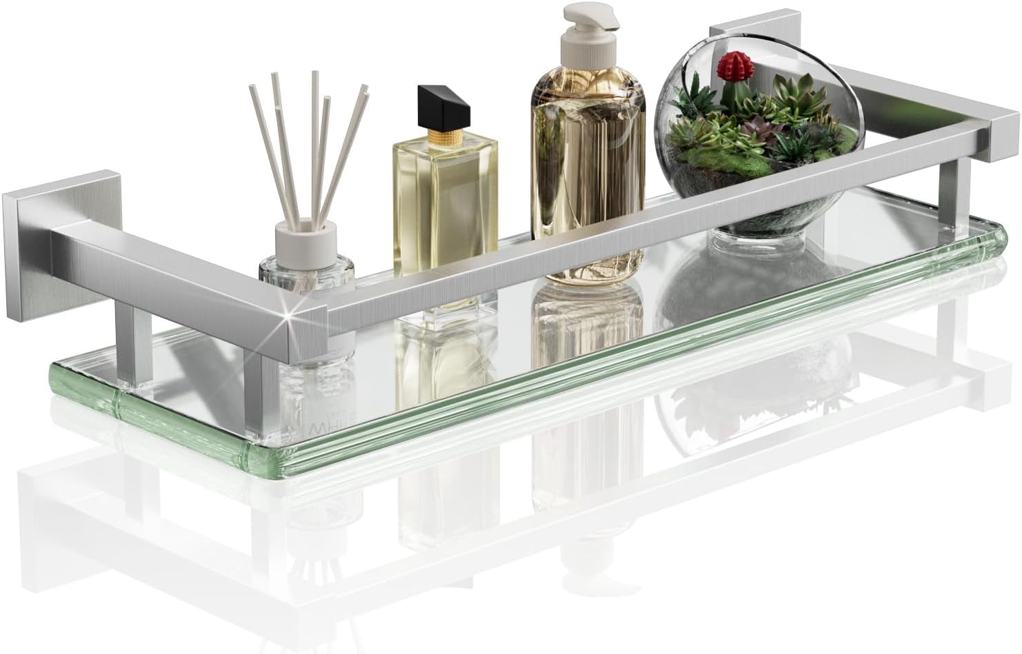 Bathroom Glass Shelf with Stainless Steel Railing, Brushed Nickel Small Tempered Glass Floating Wall Shelf Over The Toilet, 16 inch