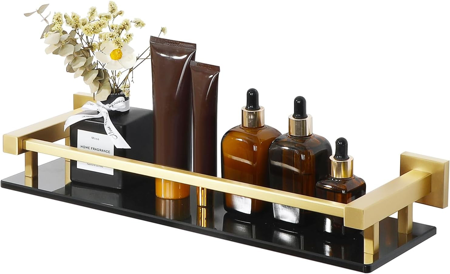 Bathroom Glass Shelf with Stainless Steel Railing, Gold Small Tempered Glass Floating Wall Shelf Over The Toilet, 16 inch