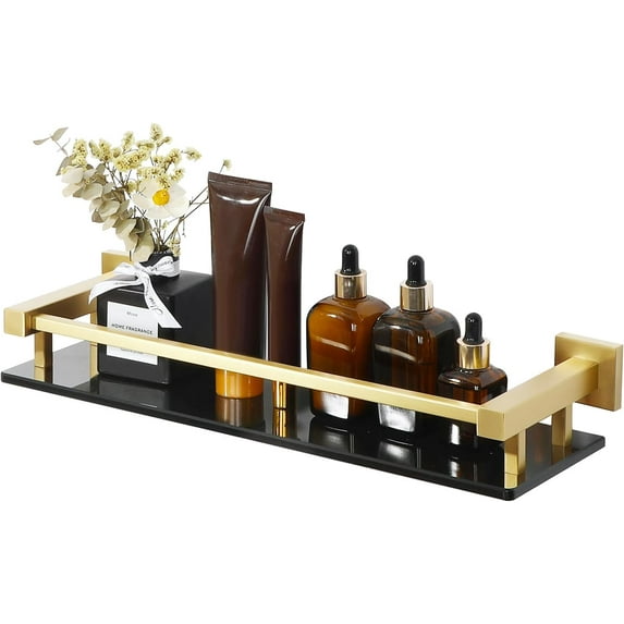 Bathroom Glass Shelf with Stainless Steel Railing, Gold Small Tempered Glass Floating Wall Shelf Over The Toilet, 16 inch