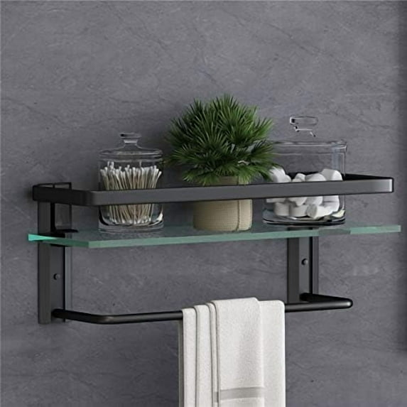 Bathroom Glass Shelf with Towel Bar Black Bathroom Shelf Wall Mount Rustproof Bathroom Wall Organizer Towel Rails1 Tier (Black)