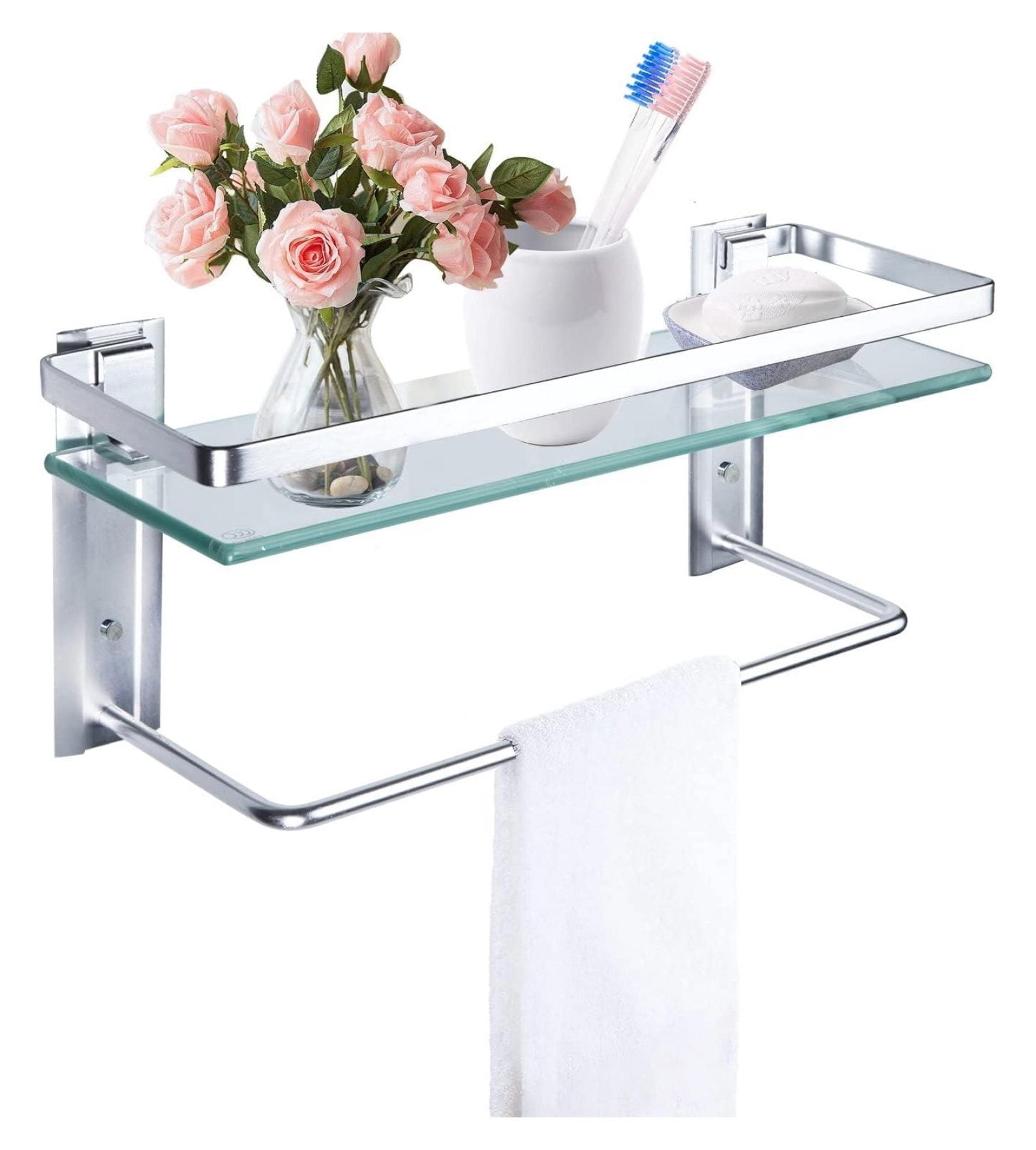 Bathroom Glass Shelf with Towel Bar and Rail 15.7 Inch x 4.7 Inch Stainless Steel Brushed Finish ...