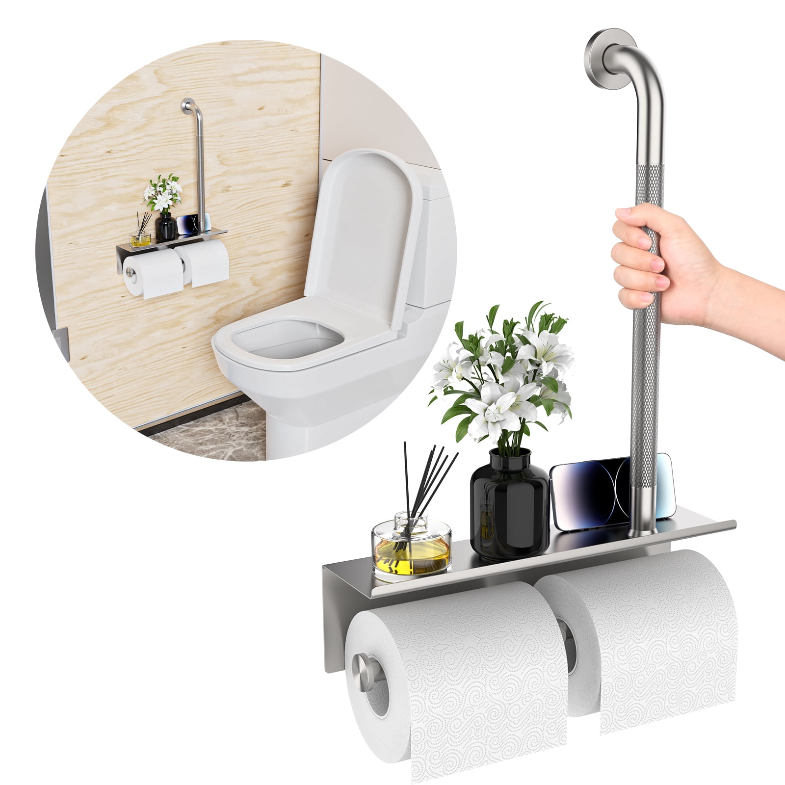 Safety Railing Boots Bathroom Grab Bar with Shower Shelves, ZUEXT Brushed Nickel Toilet ...