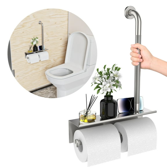 Bathroom Grab Bar with Shower Shelves, ZUEXT Brushed Nickel Toilet Paper Holder 3 in 1 Bathroom Organizers and Storage, Anti Slip Stainless Steel Safety Hand Rail for Handicap Elderly Senior Assist