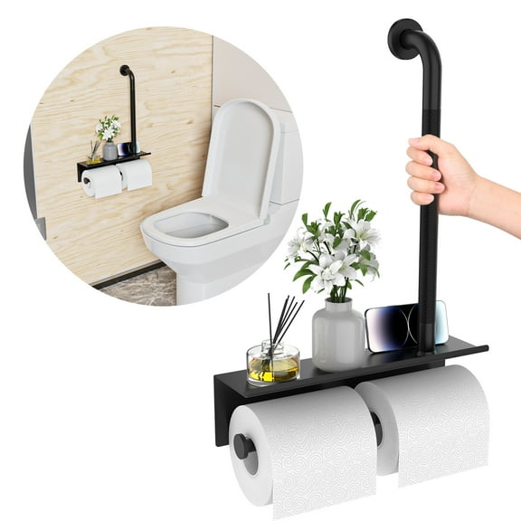 Bathroom Grab Bar with Shower Shelves, ZUEXT Black Toilet Paper Holder 3 in 1 Bathroom Organizers and Storage, Anti Slip Stainless Steel Safety Hand Rail for Handicap Elderly Senior Assist