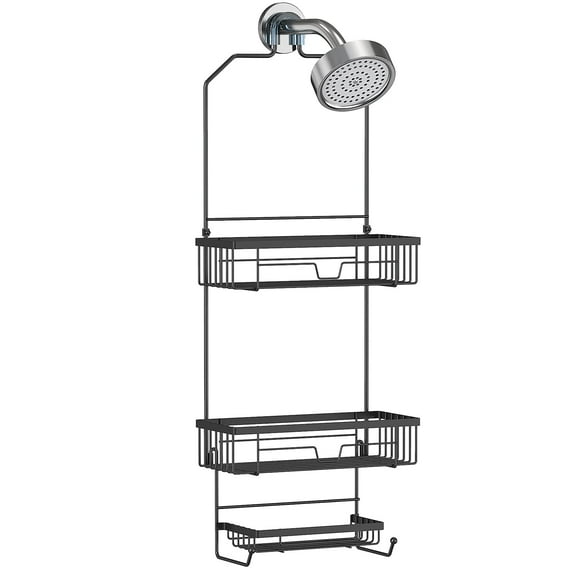 Bathroom Hanging Shower Caddy Organizer with Hooks, SUS201 Stainless Steel Shower Caddy Over Shower Head, 3-Shelf Storage Rack for Shampoo, Soap, and Razor
