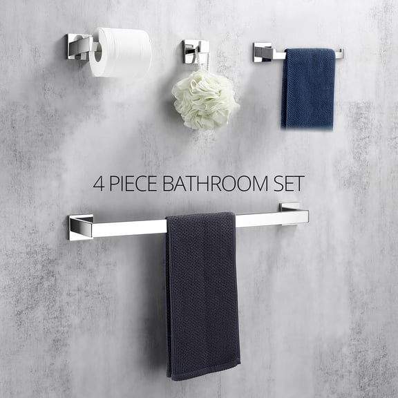 Bathroom Hardware Set 4 Pieces, Bath Towel Holder Set SUS304 Stainless Steel, Towel Bar Rack Set for Wall Mounted, Square Bathroom Accessories Set Fixture Heavy Duty Polished Chrome
