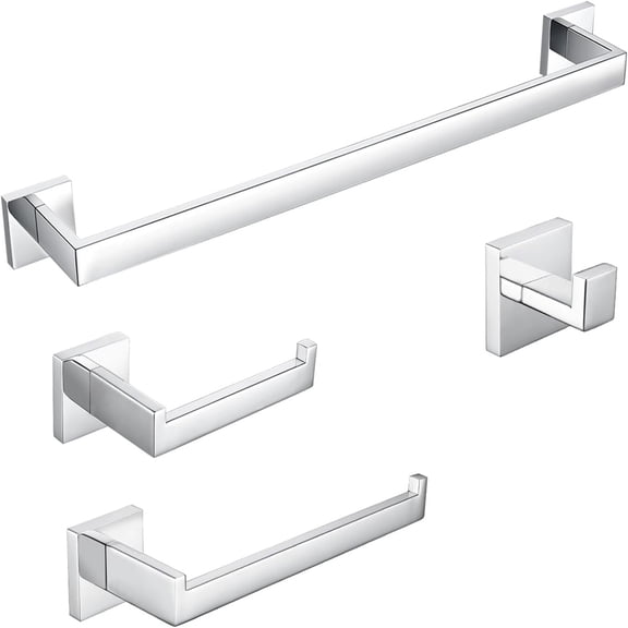Bathroom Hardware Set 4 Pieces, Bath Towel Holder Set SUS304 Stainless Steel, Towel Bar Rack Set for Wall Mounted, Square Bathroom Accessories Set Fixture Heavy Duty Polished Chrome