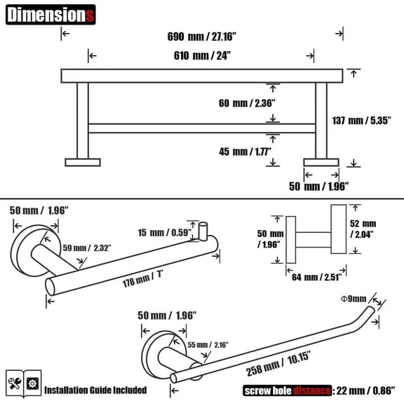 Bathroom Hardware Set, 5-Piece Bath Accessories Set Brass Gold Wall Mount Includes 24 in Towel Bar, 9 in HT Bar, Holder, Towel Hook x 2 Brushed Gold, BAS105-BG