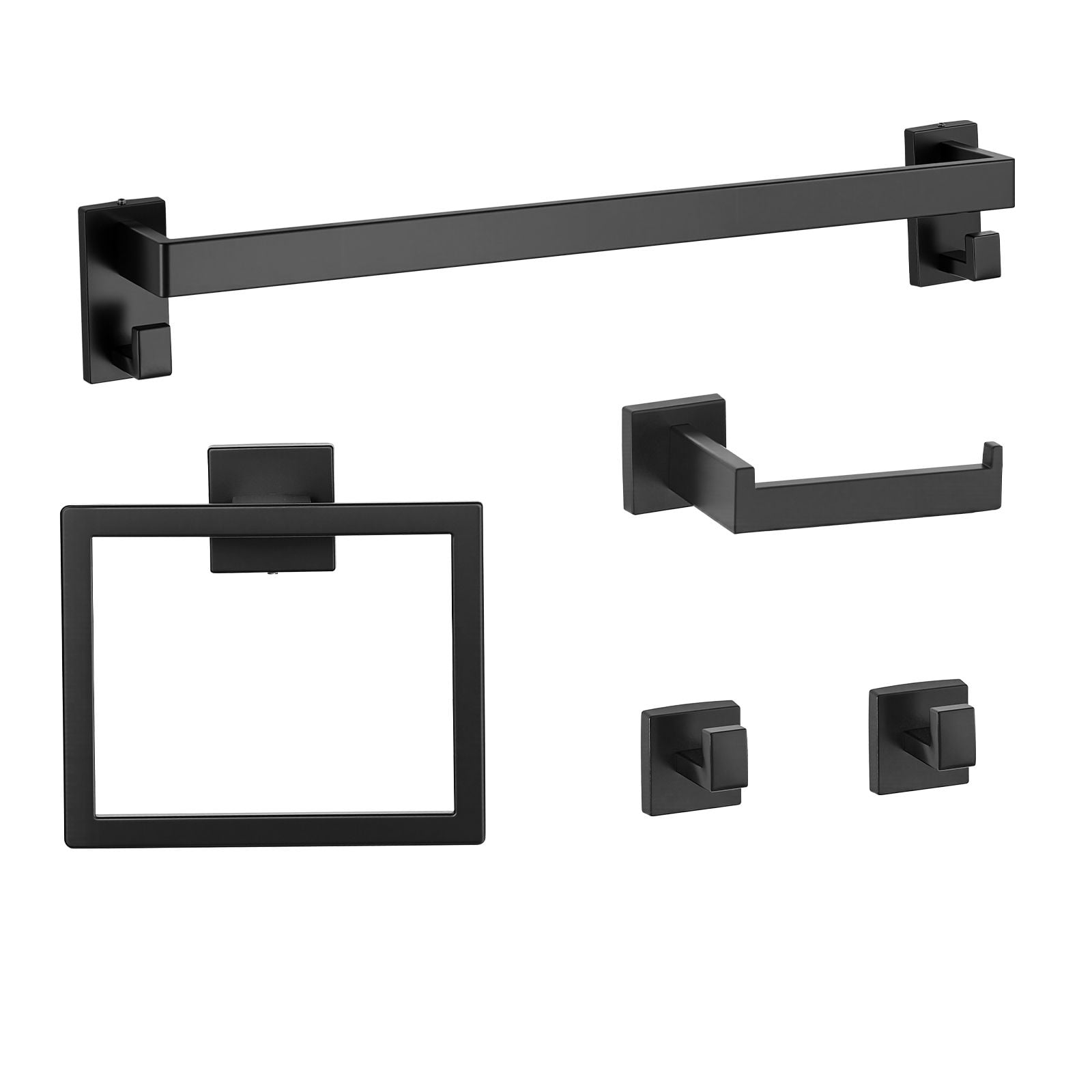 Bathroom Hardware Set 5-Piece Matte Black Stainless Steel Towel Bar with Hooks Towel Rack TP Holder 2 Robe Hooks for Bathroom Organization