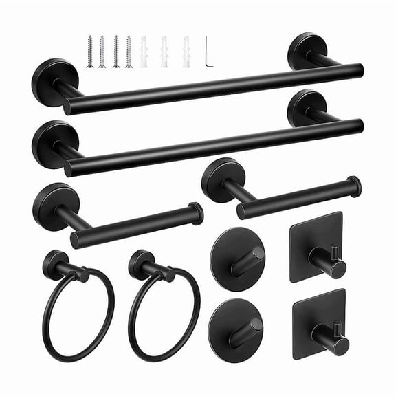 Bathroom Hardware Set Black 10 Pieces, Towel Bar Set Matte Black Stainless Steel Towel Rack Set Includes 2PCS 15.7'' Towel bar, 4PCS Towel Hooks, 2PCS Toilet Paper Holder and 2PCS Towel Ring