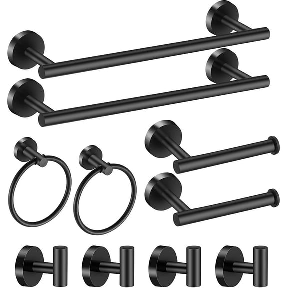 Bathroom Hardware Set Black 10 Pieces, Towel Bar Set Matte Black Stainless Steel Towel Rack Set Includes 2PCS 16'' Towel bar, 4PCS Towel Hooks, 2PCS Toilet Paper Holder and 2PCS Towel Ring
