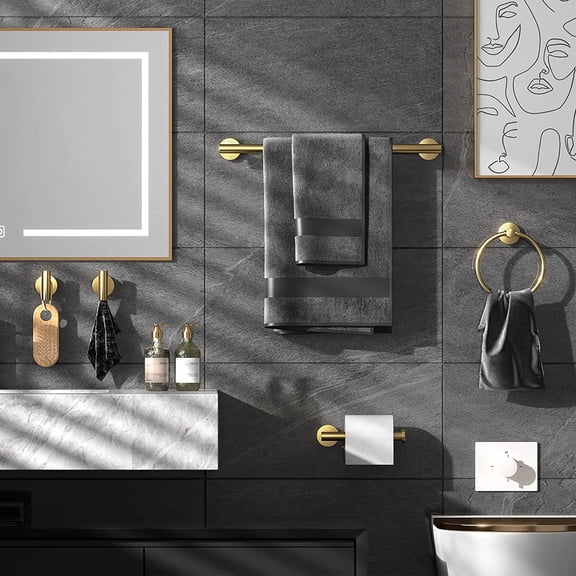 Bathroom Hardware Set Brushed Gold, 10pcs Towel Bar Set Including 2pcs 16 inch Towel Bars, Toilet Paper Holders, Towel Rings and 4pcs Robe Towel Hooks