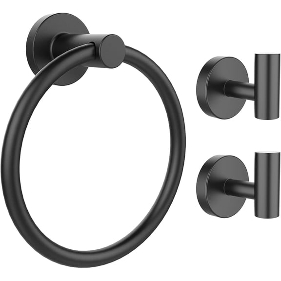 Bathroom Hardware Set, Matte Black 304 Stainless Steel Bathroom Accessories Set Includes Towel Holder and 2 Pack Towel Hooks, Drill Hole