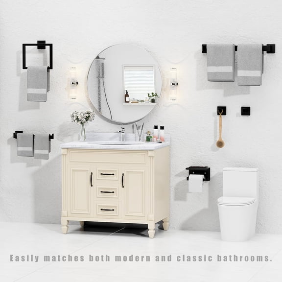 Bathroom Hardware Set – Modern Bathroom Accessory Set with Towel Racks for Bathroom, Towel Bar Set, Bathroom Accessories Set, Hooks, Toilet Paper Holder, Shelf, Towel Ring (8 Piece Matte Black)