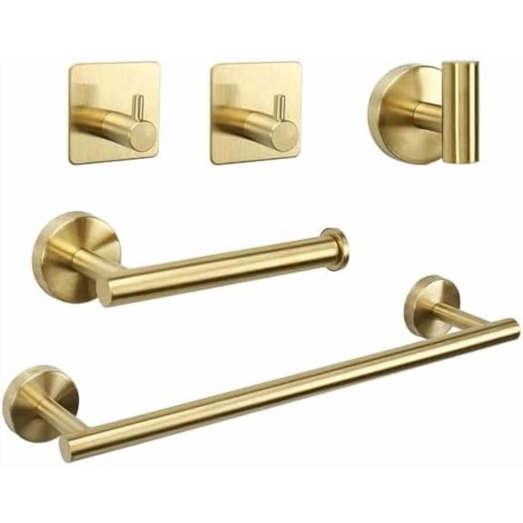 Bathroom Hardware Set, Thick Stainless Steel Bath Towel Bar Set Including Towel Rack for Bathroom+Toilet Paper Holder+3 Robe Towel Hooks Wall Mount Bathroom Accessory Set(16IN,Brushed Gold)