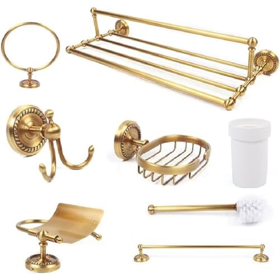 Bathroom Hardware Set, Wall Mount Towel Rack Kit for Family Needs, Includes Single Pole, Hand Towel Rack,Toilet Paper Holder, Brush Paper Holder, Soap Holder,Towel Ring, Hook (Vintage Copper 7pcs)