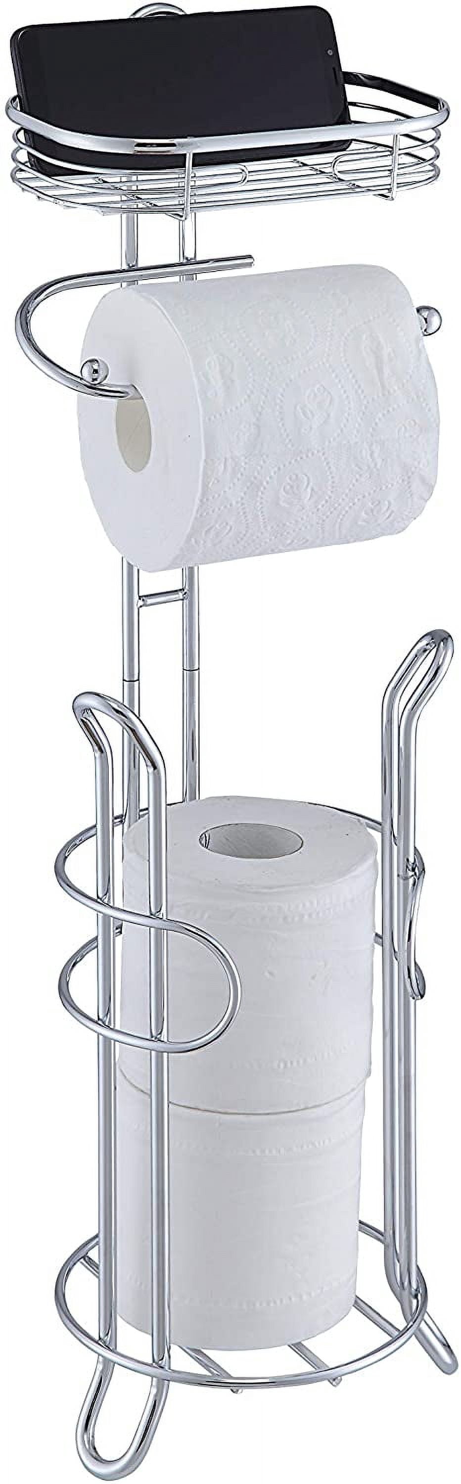 Bathroom Heavyweight Toilet Tissue Paper Roll Storage Holder Stand with Reserve and Shelve, The Reserve Area Has Enough Space to Store Mega Rolls. (Chrome)