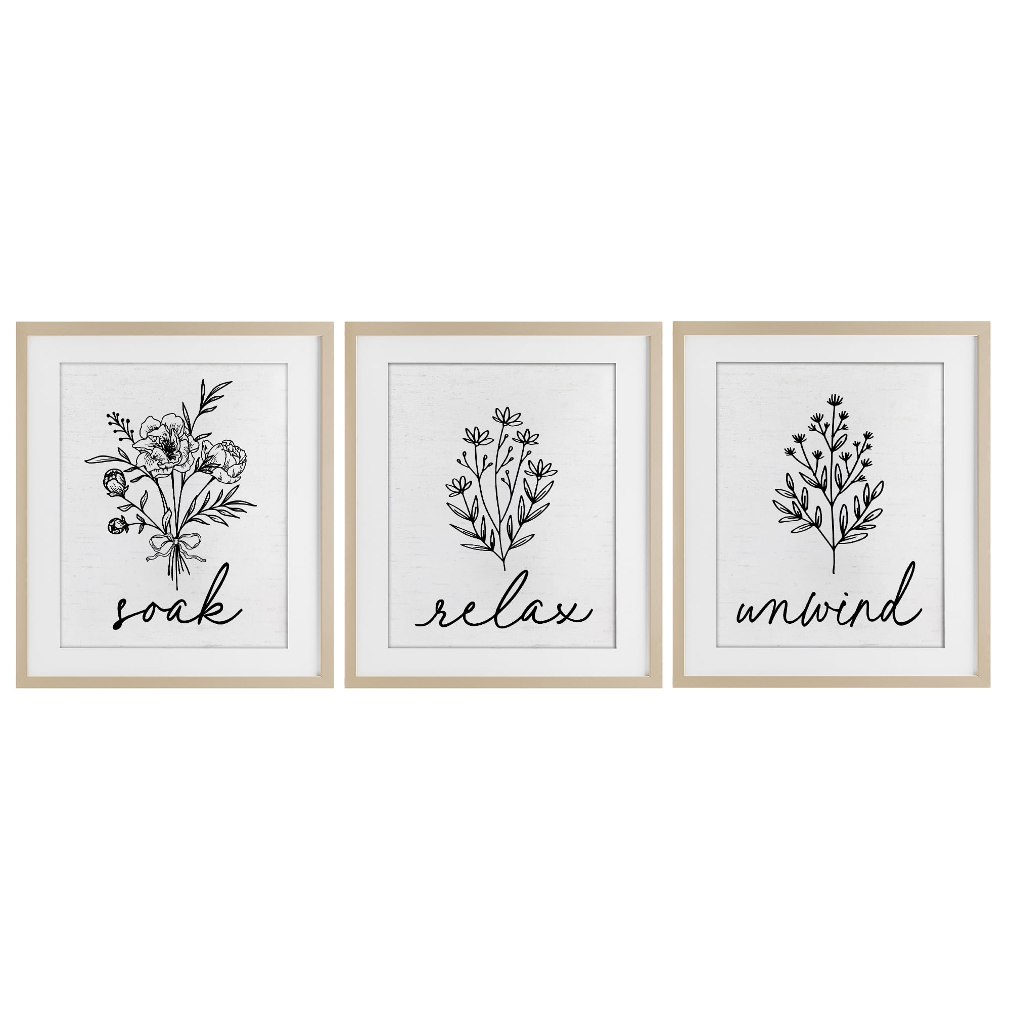 Bathroom Herbs for Relaxation 3 Piece Birch Framed Print Under Glass Set, design by Lettered and Lined