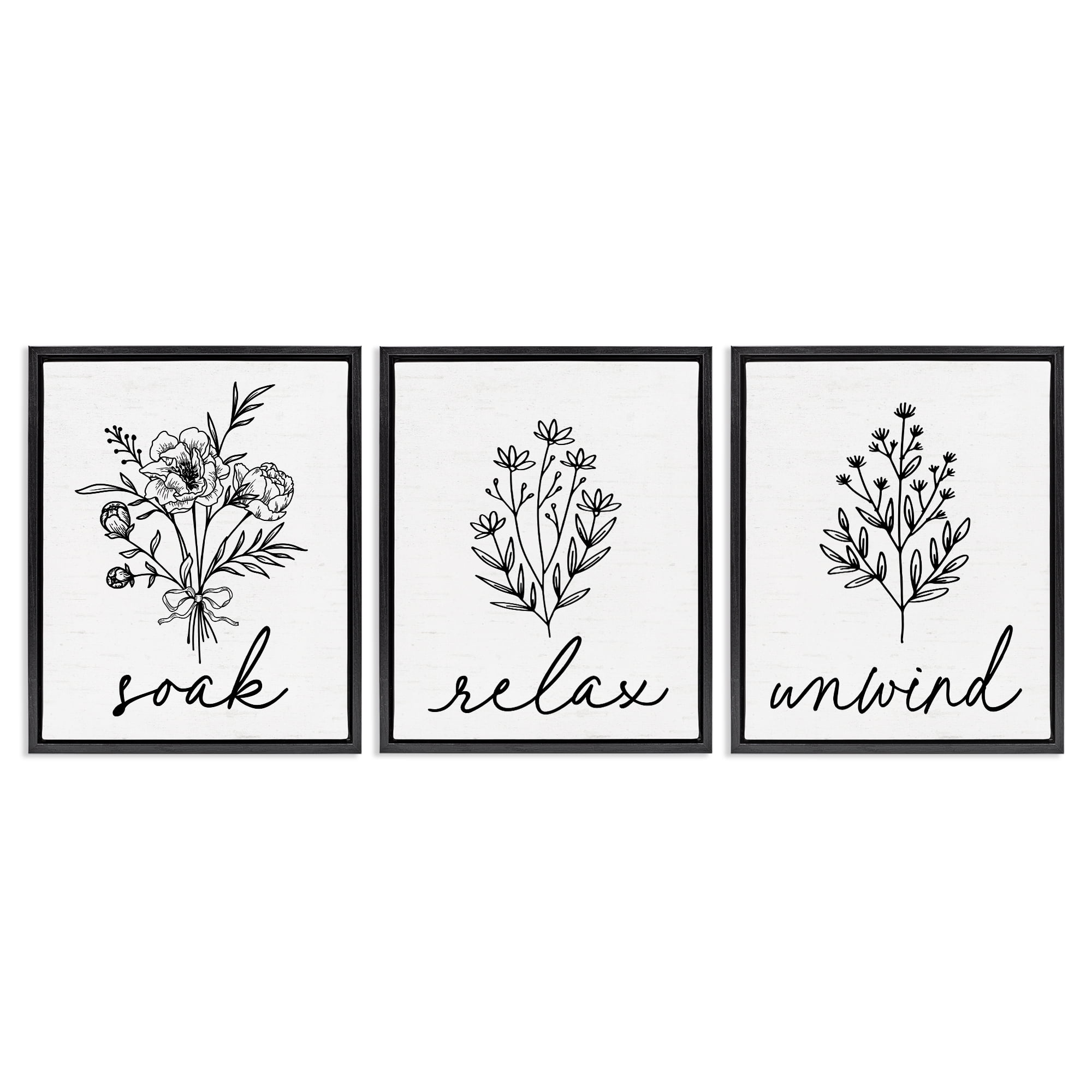 Bathroom Herbs for Relaxation 3 Piece Black Framed Floater Canvas Set, design by Lettered and Lined