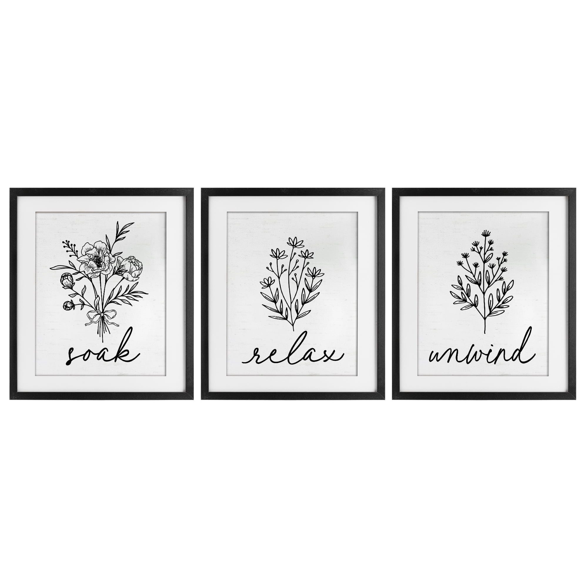 Bathroom Herbs for Relaxation 3 Piece Black Framed Print Under Glass Set, design by Lettered and Lined