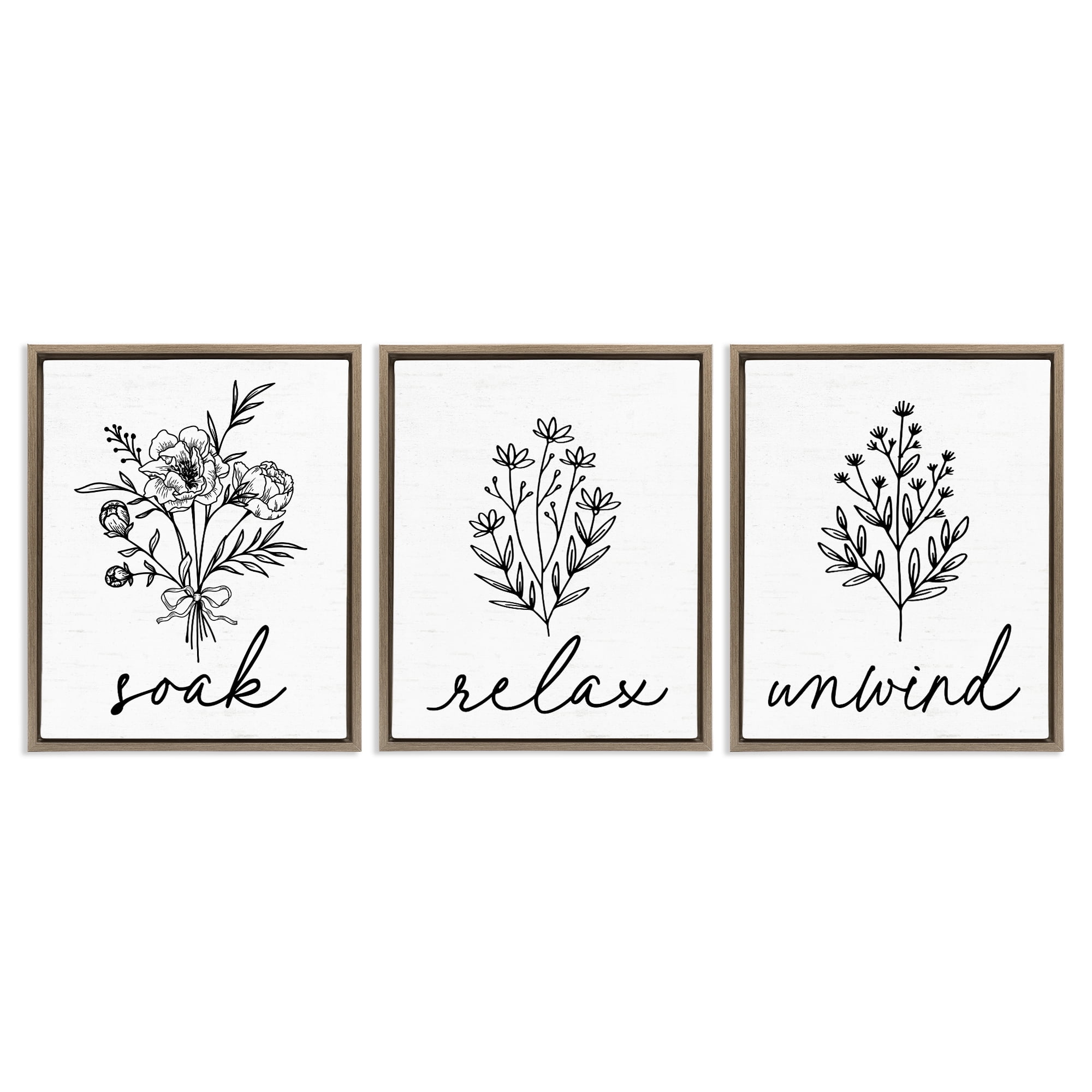 Bathroom Herbs for Relaxation 3 Piece Brown Framed Floater Canvas Set, design by Lettered and Lined