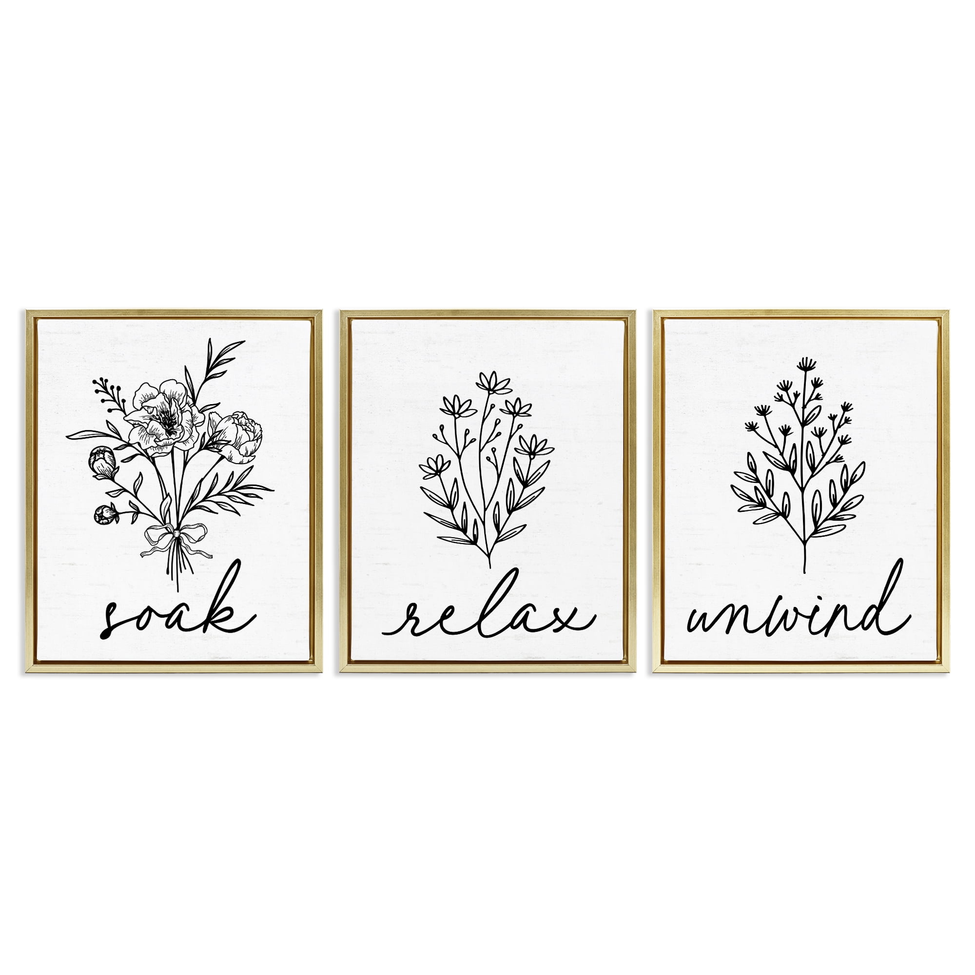 Bathroom Herbs for Relaxation 3 Piece Gold Framed Floater Canvas Set, design by Lettered and Lined