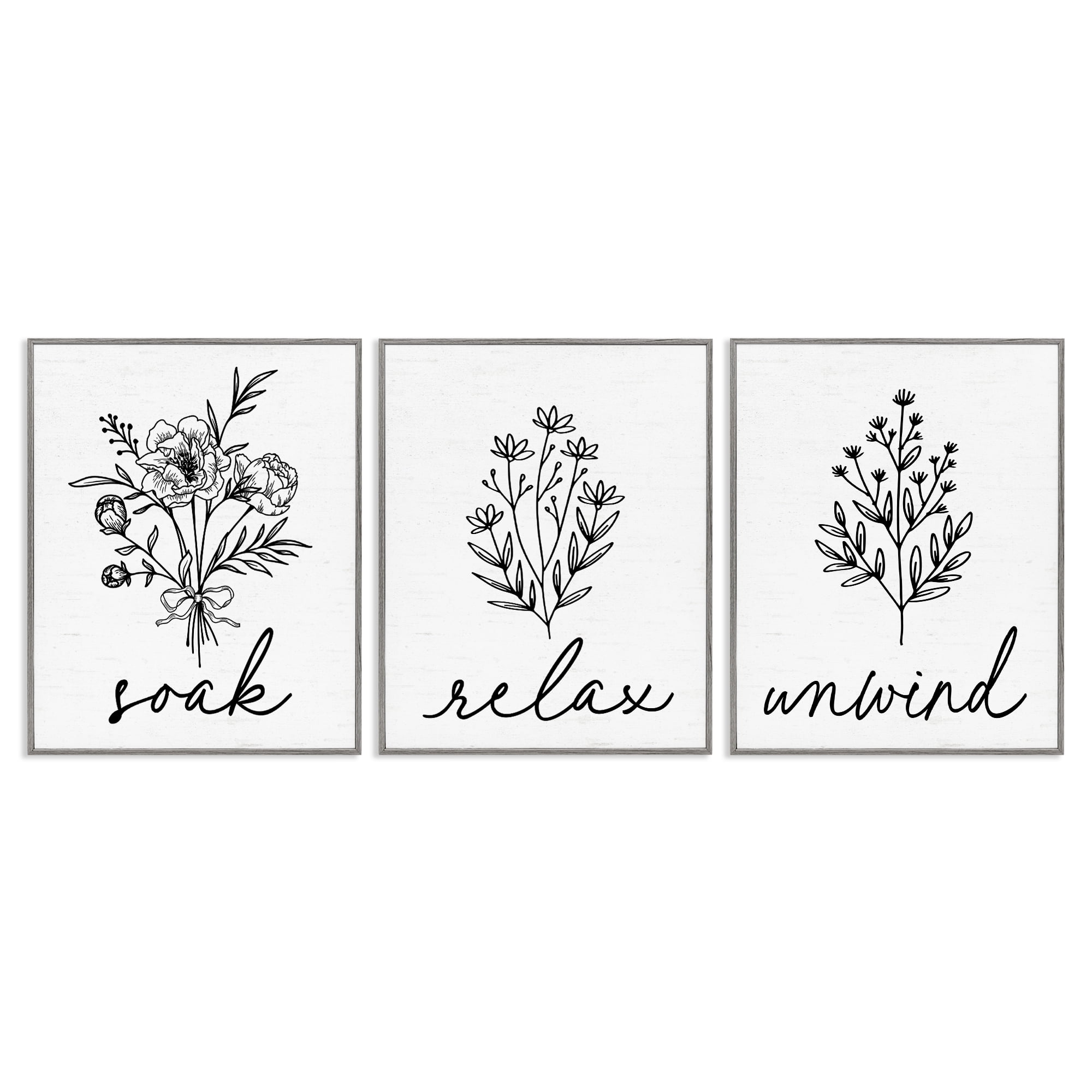 Bathroom Herbs for Relaxation 3 Piece Gray Framed Giclee Art Set, design by Lettered and Lined