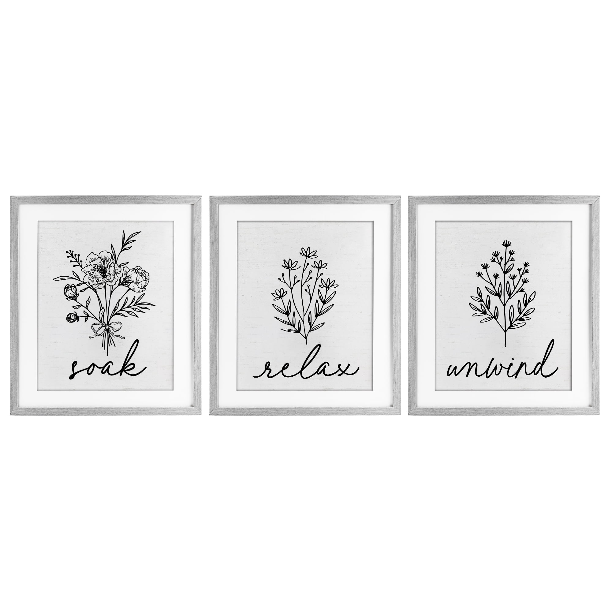 Bathroom Herbs for Relaxation 3 Piece Gray Framed Print Under Glass Set, design by Lettered and Lined