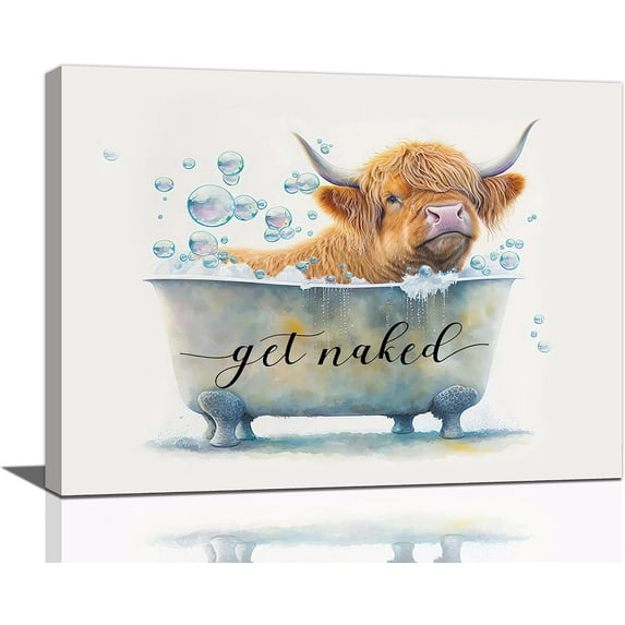 Bathroom Highland Cow Wall Decor Longhorn Cow in Bathtub Wall Art Farmhouse Bathroom Pictures Beach Canvas Painting Print Modern Artwork Framed for Bathroom Restroom 12"x16"
