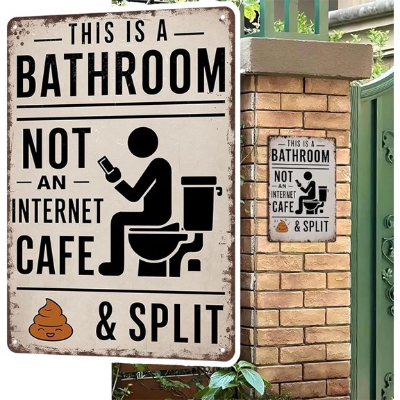 This Is A Bathroom Not An Internet Cafe Sign, 8X12inch Vintage Metal Tin Sign for Phone Users, Funny Bathroom Signs Wall Decor, Rustic Tin Sign with Poop Emoji Design (1PC)