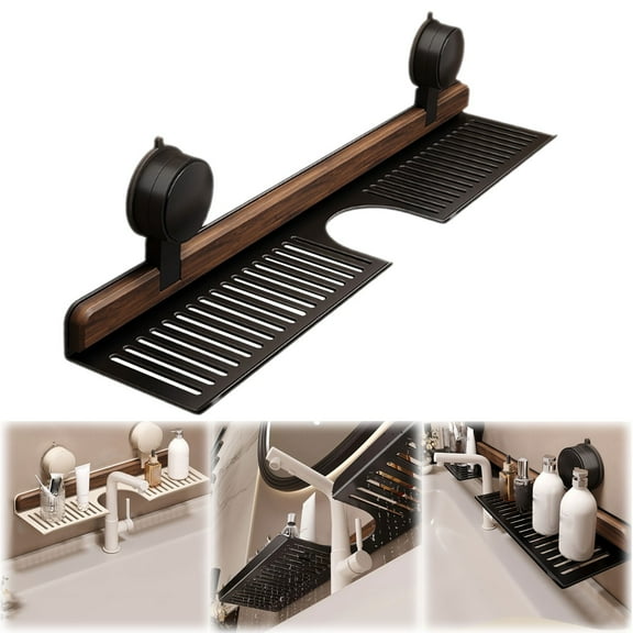 Bathroom Kitchen Suction Cup Rack Black,Walnut Bathroom Kitchen Suction Cup Shelf Wall Mounted Shelf Over Faucet Removable Faucet Organizers Wood Faucet Storage Rack