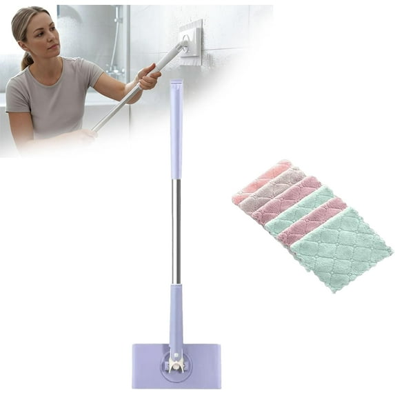 Bathroom & Kitchen Zero-Touch Detail Mop, 360° Rotating Auto-Grip Mini Cleaner for Toilets, Showers, Sinks & Floors, Includes 8 Cloths, Hands-Free Sanitary Cleaning Tool