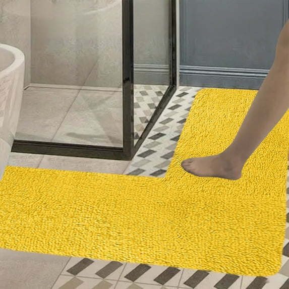 Bathroom L Corner Rug Absorbent Memory Foam Velvet Non Slip Mat, Black, 47 x 29 Inches, Machine Washable, for Kitchen or Bath