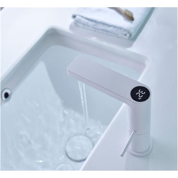 Bathroom LED Digital Basin Faucet White Water Power Basin Mixer Brass Temperate Display Faucets Smart Water Taps