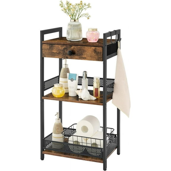 Bathroom Ladder Shelf, 3-Tier Bathroom Floor Storage Shelf with Drawer, Freestanding Towel Shelf, Bookcase End Table Open Shelving Unit for Living Room,Balcony, Rustic Brown