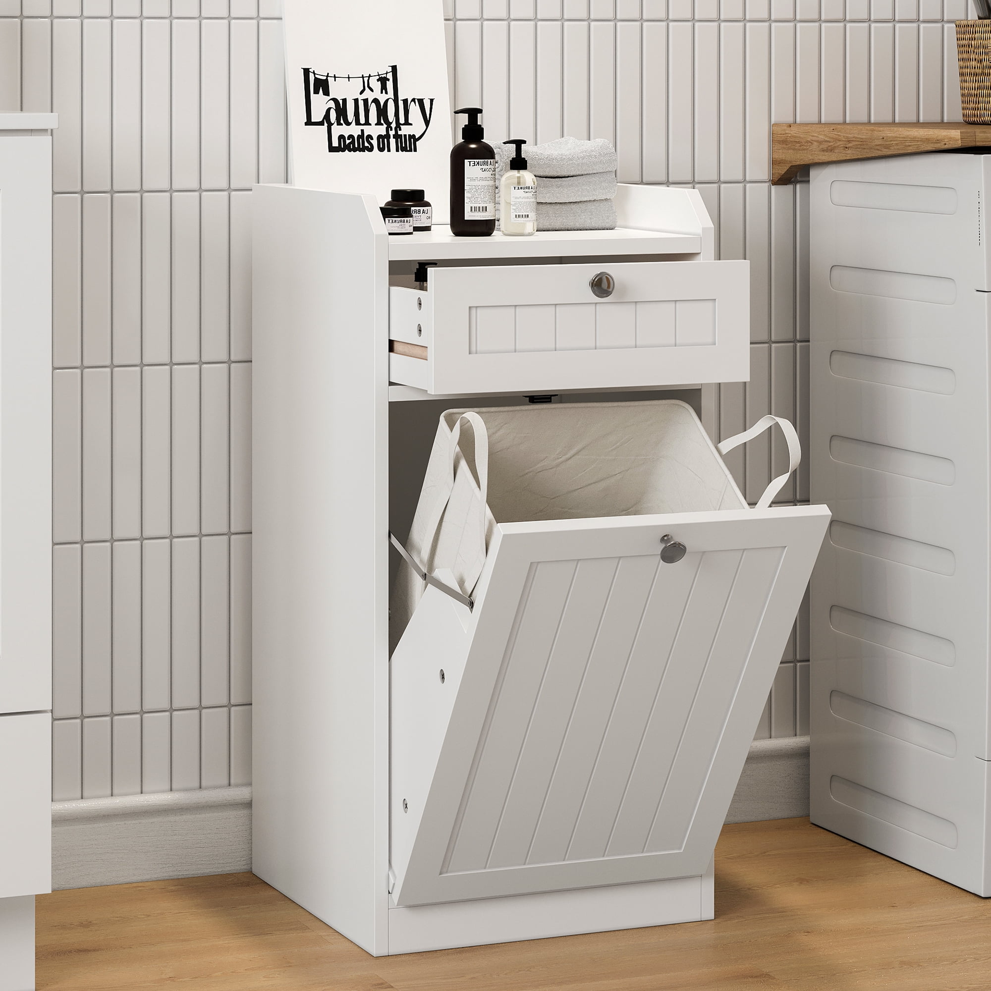 Bathroom Laundry Cabinet Tilted Cabinet with Drawer Storage Cabinet For Kitchen Trash Can Cabinet,White