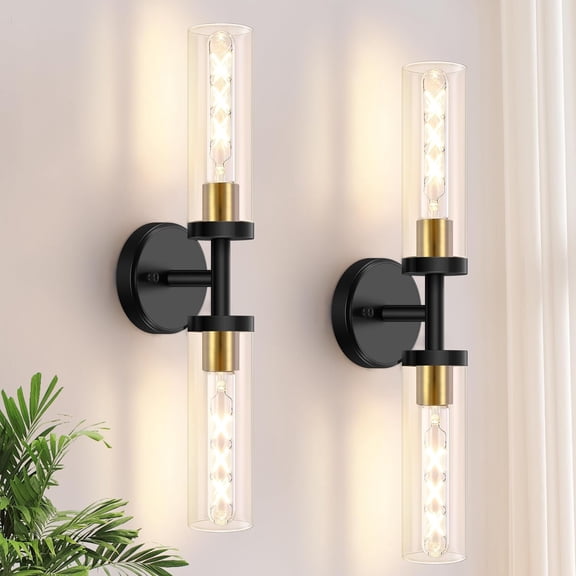 Bathroom Light Fixtures, 2-Light Black and Gold Bathroom Vanity Lighting Over Mirror, Modern Wall Sconces Set of 2 with Clear Glass, Indoor Hardwired Wall Lamp for Bedroom, Living Room, Hallway
