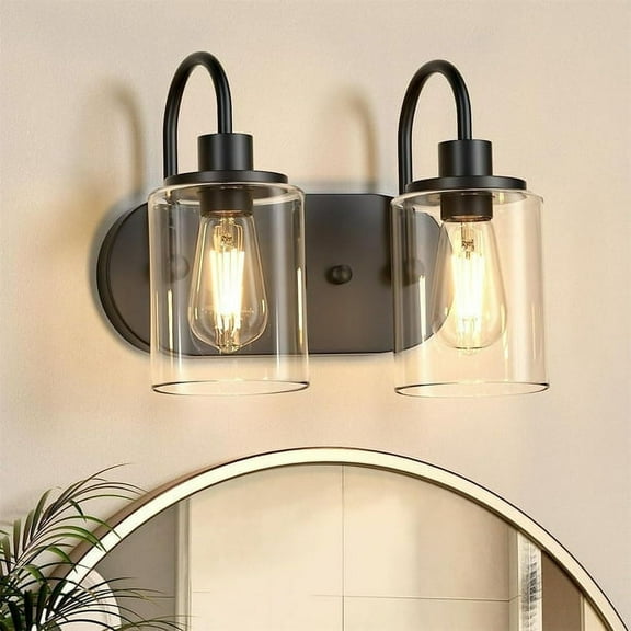 Bathroom Light Fixtures 2 Light Matte Black Vanity Light Vintage Wall Sconces Lighting Modern Bath Wall Mounted Lights with Glass