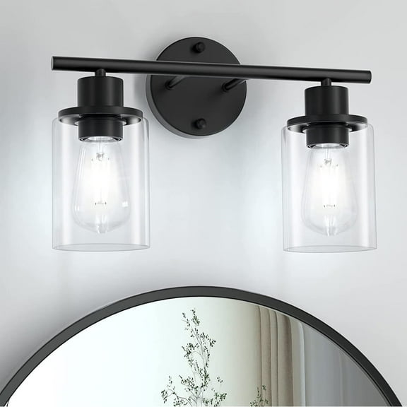 Bathroom Light Fixtures 2 Light Matte Black Vanity Light, Vintage Wall Sconces Lighting Modern Bath Wall Mounted Lights with Glass