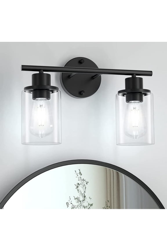 Bathroom Light Fixtures 2 Light Matte Black Vanity Light, Vintage Wall Sconces Lighting Modern Bath Wall Mounted Lights with Glass