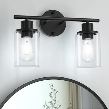 Bathroom Light Fixtures 2 Light Matte Black Vanity Light, Vintage Wall Sconces Lighting Modern Bath Wall Mounted Lights with Glass